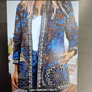 New Bohemian Colorful Long Sleeve Graphic Sun Print Open Long Tunic XL.
